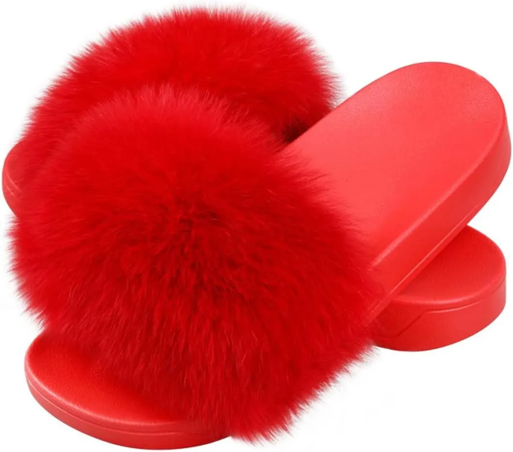 DAYISS Women Fox Fur Slippers Summer Colorful Feather Open Toe Slip On Sandals