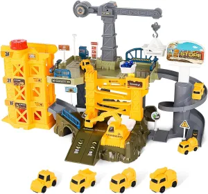 deAO Engineering Cranes Construction Truck Toys for Kids Engineering Excavator Track Set with Crane, Excavator, Track, Transport Vehicles Gift Toys for Boys & Girls Aged 3-6 Year Old