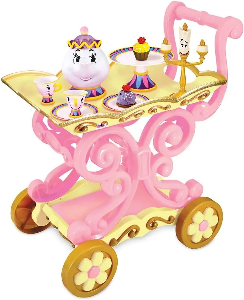 Disney Store Official Disney Beauty and The Beast Tea Cart Set – Includes Lumiere, Mrs. Potts, Chip, Cake with Plate & Server – Disney Princess Toys, with Singing Lumiere & Bubbling Tea Effect