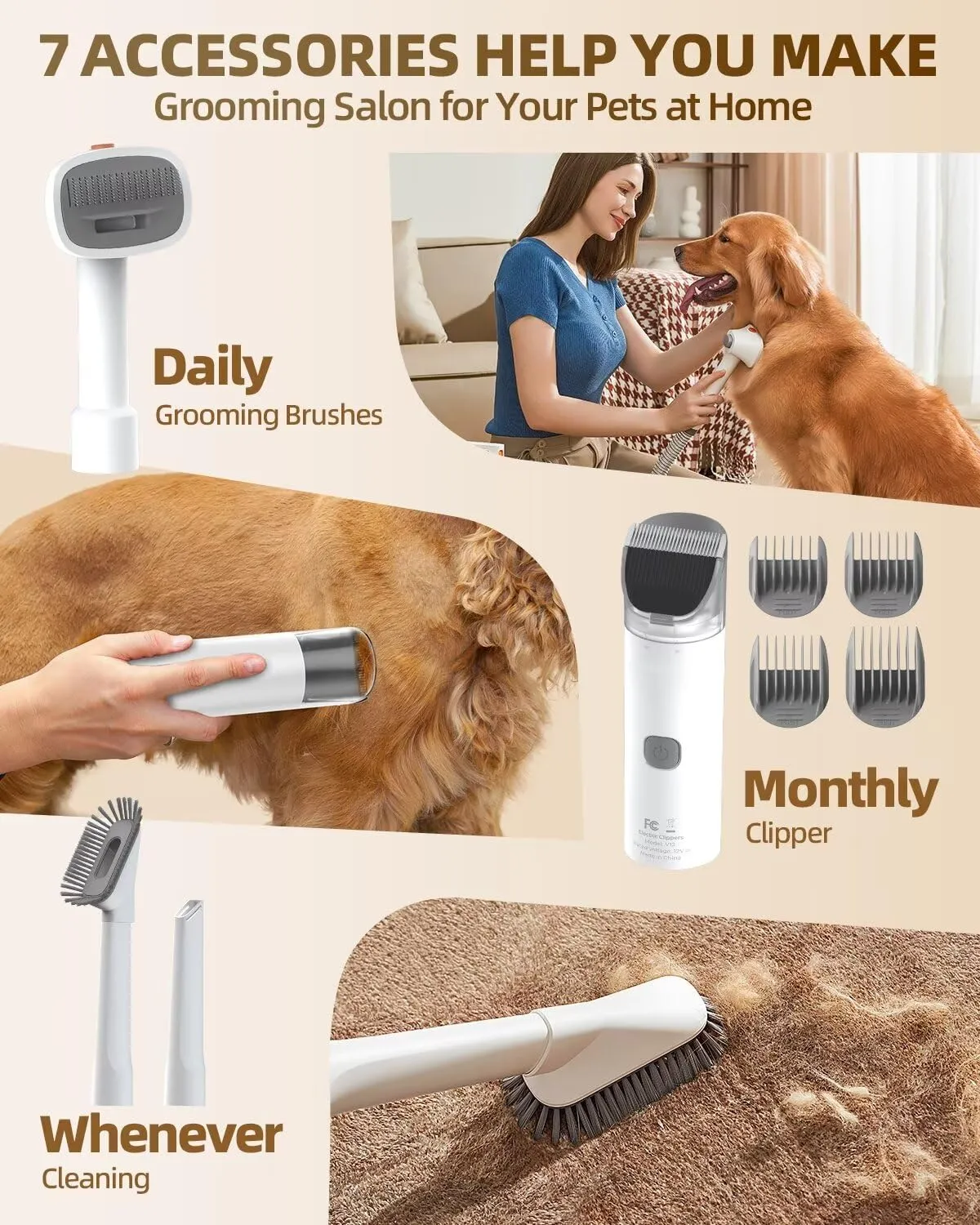 Dog Grooming Vacuum Kit for Shedding: Professional Hair Clippers Pet Groomer Large Dust Cup Strong Suction Deshedding Brush Low Noise Pet Grooming Tools for Home Use Cat Cleaning (White)