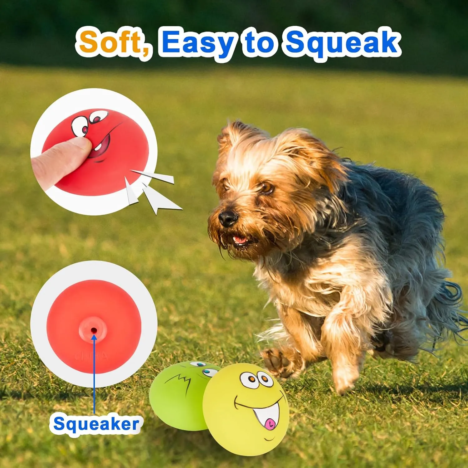 Dog Squeaky Toys Latex Squeaky Balls for Small Puppy Chewing Rubber Soft Fun Emoji Dog Balls for Corgi Pet Dogs (6 PCS)