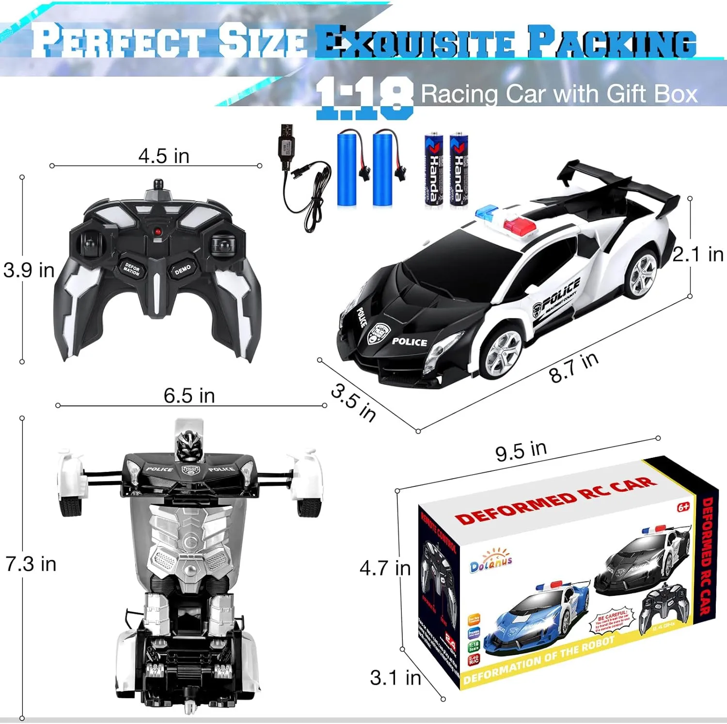 Dolanus Remote Control Car - Transform Robot RC Cars Contains All Batteries: One-Button Deformation and 360 Degree Rotating Drifting, Present Christmas Birthday Gift for Boys/Girls