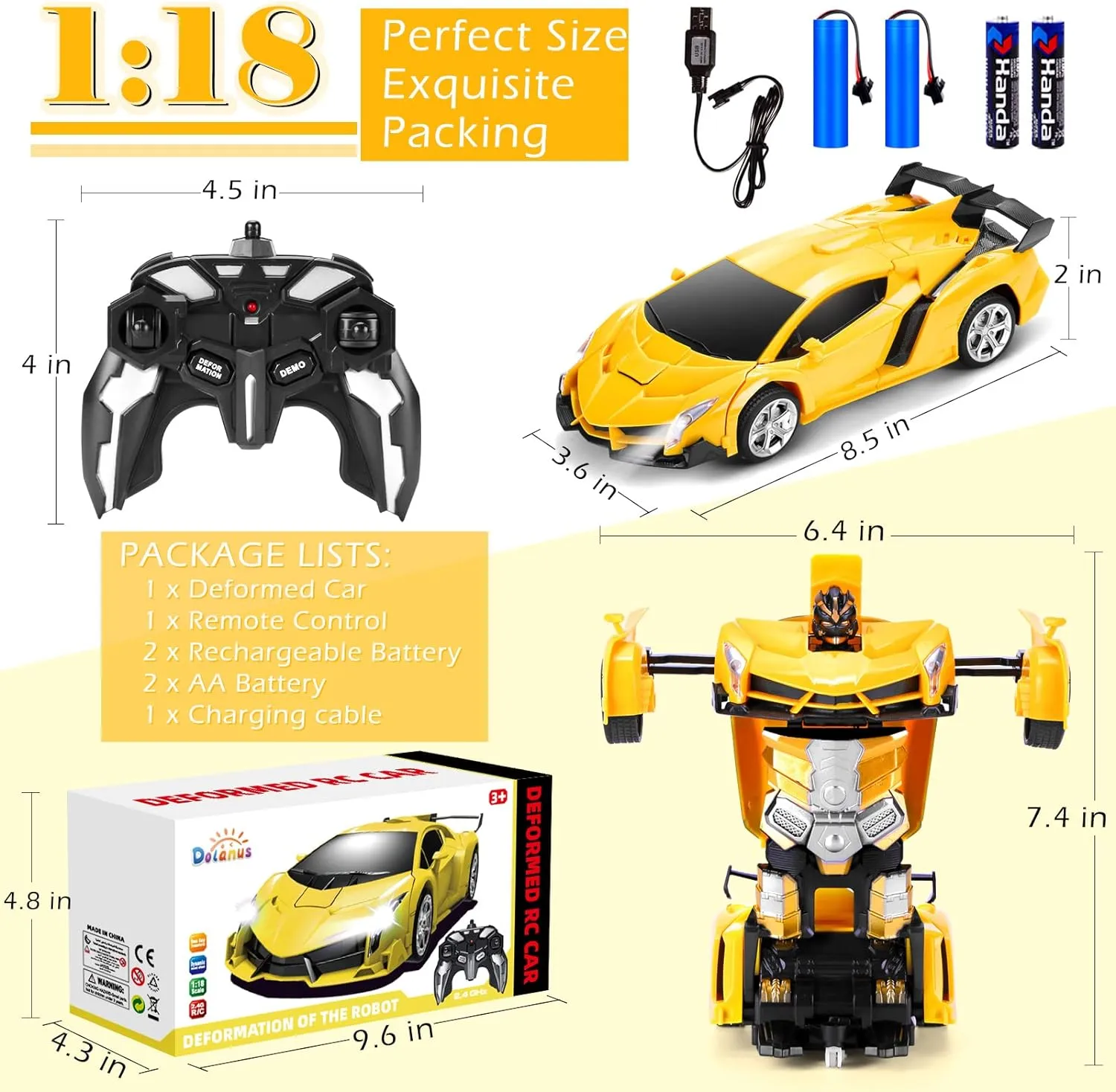 Dolanus Remote Control Car - Transform Robot RC Cars Contains All Batteries: One-Button Deformation and 360 Degree Rotating Drifting, Present Christmas Birthday Gift for Boys/Girls