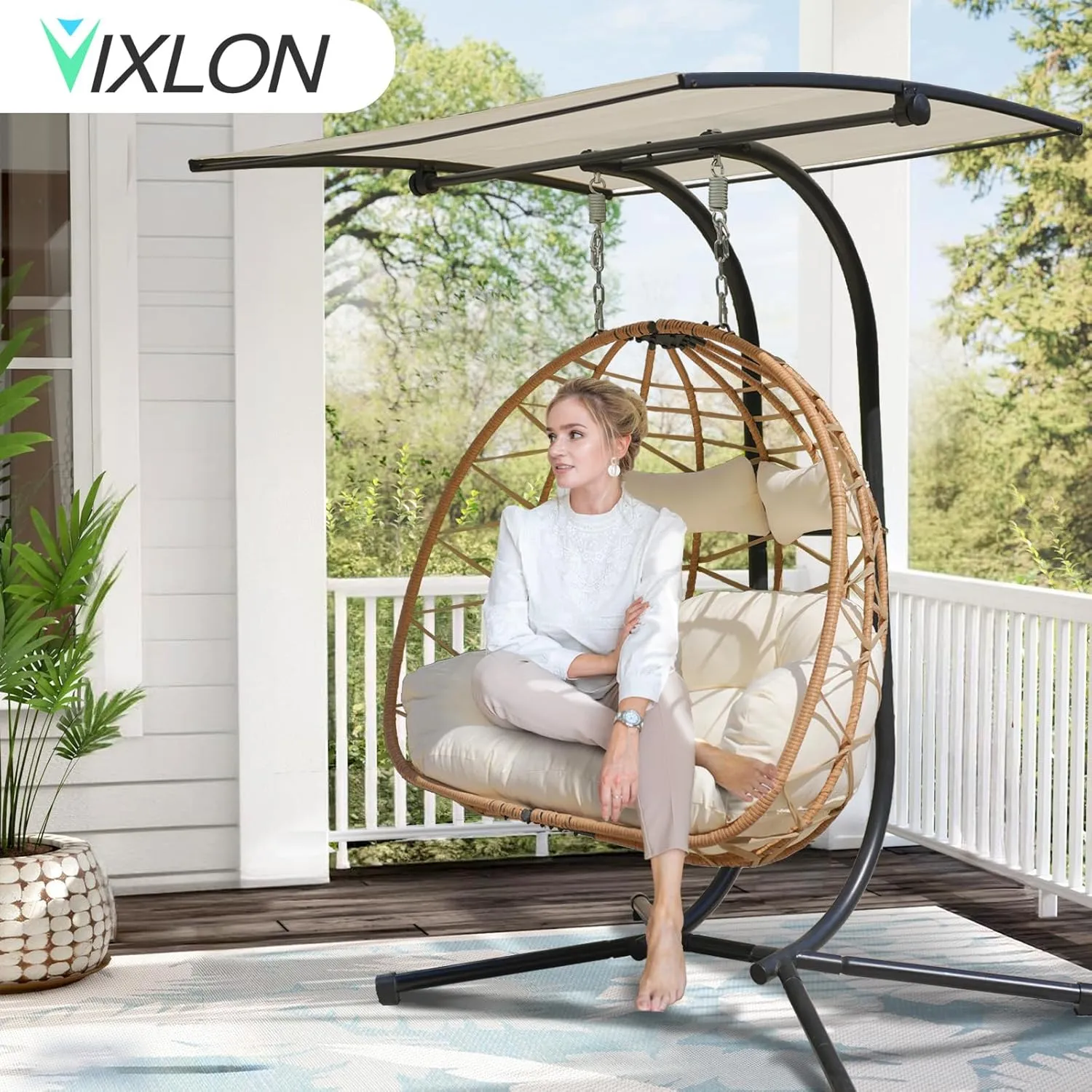 Double Egg Swing Chair with Stand and Canopy Indoor Outdoor, All-Weather Pe Rattan and Sturdy Powder-Coated Steel Frame, Splash-Proof Fabric & Thickened Uv Resistant Cushion, 600lbs Capacity (YB)