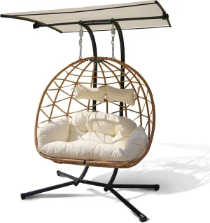 Double Egg Swing Chair with Stand and Canopy Indoor Outdoor, All-Weather Pe Rattan and Sturdy Powder-Coated Steel Frame, Splash-Proof Fabric & Thickened Uv Resistant Cushion, 600lbs Capacity (YB)