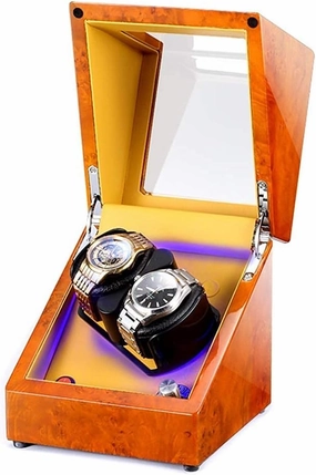 Double Watch Winder with Led Illumination， Automatic Winding Box Wooden 5 Rotation Mode， Silent Motor Watch Winder Display Watch Box
