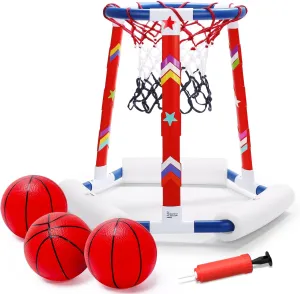 EagleStone Pool Basketball Toys, Floating Basketball Hoop for Pool Game, Inflatable Swimming Pool Toys for Toddlers with 3 Large Balls, Pump, Water Basketball Hoops w/Stickers for Kids and Adults