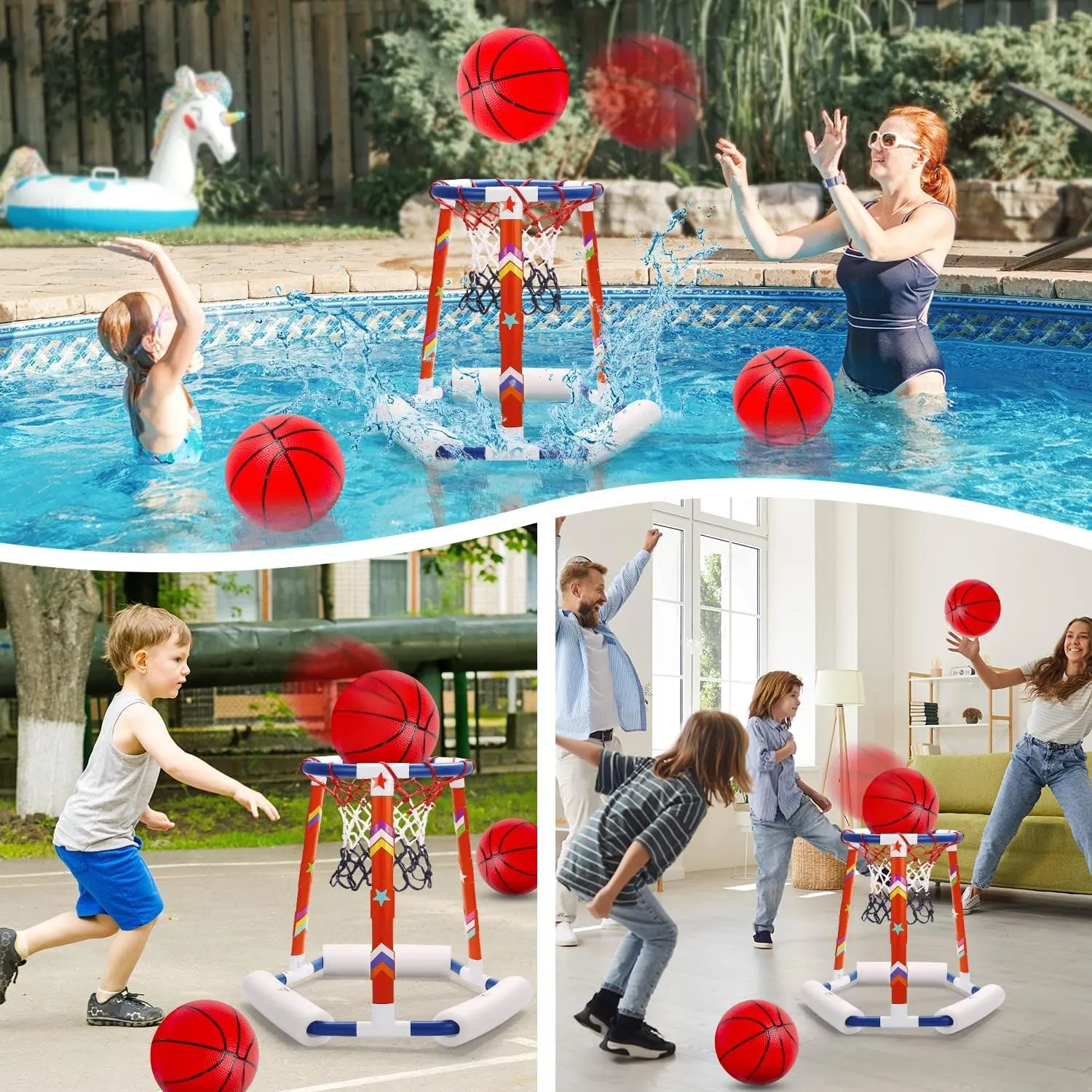 EagleStone Pool Basketball Toys, Floating Basketball Hoop for Pool Game, Inflatable Swimming Pool Toys for Toddlers with 3 Large Balls, Pump, Water Basketball Hoops w/Stickers for Kids and Adults