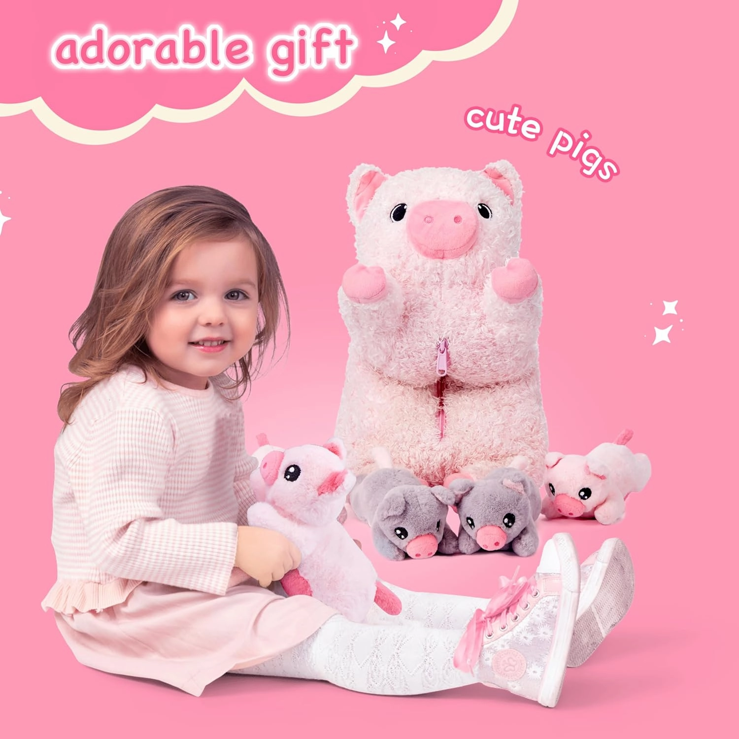 EARTHSOUND Pig Mommy Stuffed Animal Mom and Baby Plush Toy, Cute 16" Soft Fluffly Mama Family Set Huggable Cuddly Toy with Mini Little Babies,Gifts for Kids