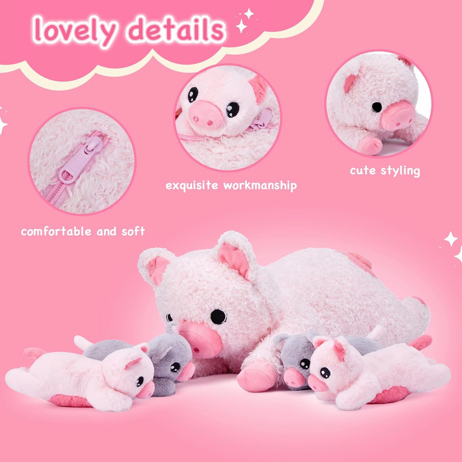 EARTHSOUND Pig Mommy Stuffed Animal Mom and Baby Plush Toy, Cute 16" Soft Fluffly Mama Family Set Huggable Cuddly Toy with Mini Little Babies,Gifts for Kids