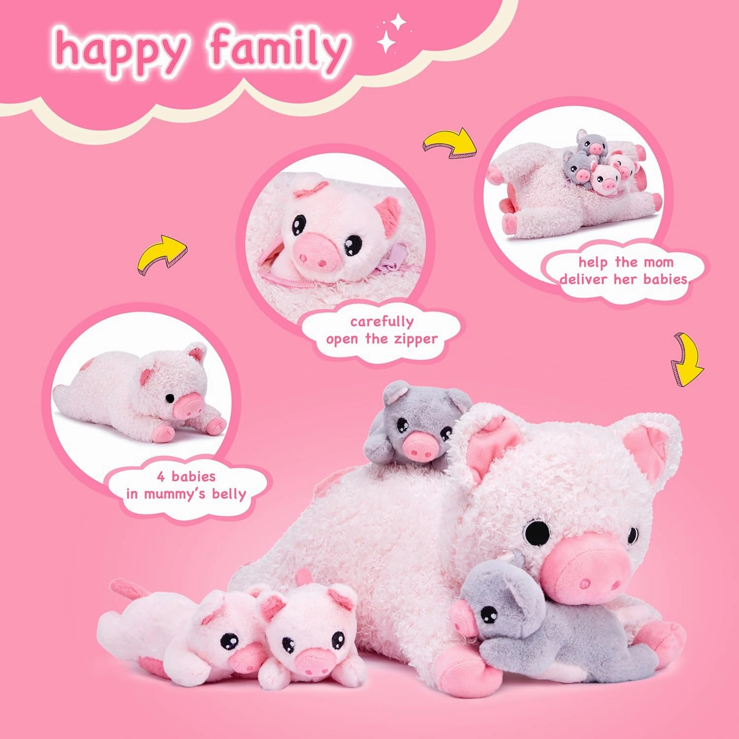 EARTHSOUND Pig Mommy Stuffed Animal Mom and Baby Plush Toy, Cute 16" Soft Fluffly Mama Family Set Huggable Cuddly Toy with Mini Little Babies,Gifts for Kids