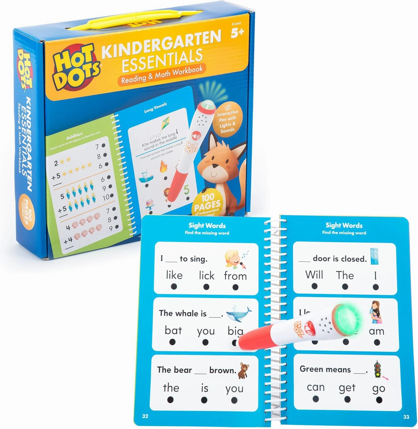 Educational Insights Hot Dots Kindergarten Essentials: Reading & Math Workbook - Kindergarten Workbooks with Interactive Pen, Homeschool Learning Books, Build Reading Fluency and Math Skills, Ages 5 