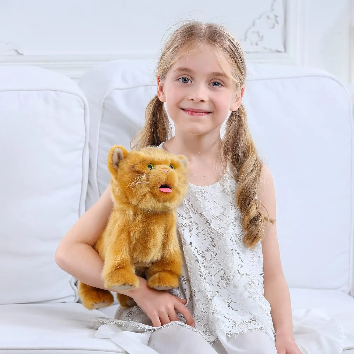 Electronic Walking Orange Cats, Realistic Interactive Puppy Pet Toy Cat, Walking, Barking,Wagging Tail & Talking,Present Pet Gifts for 3  Year Boys Girls