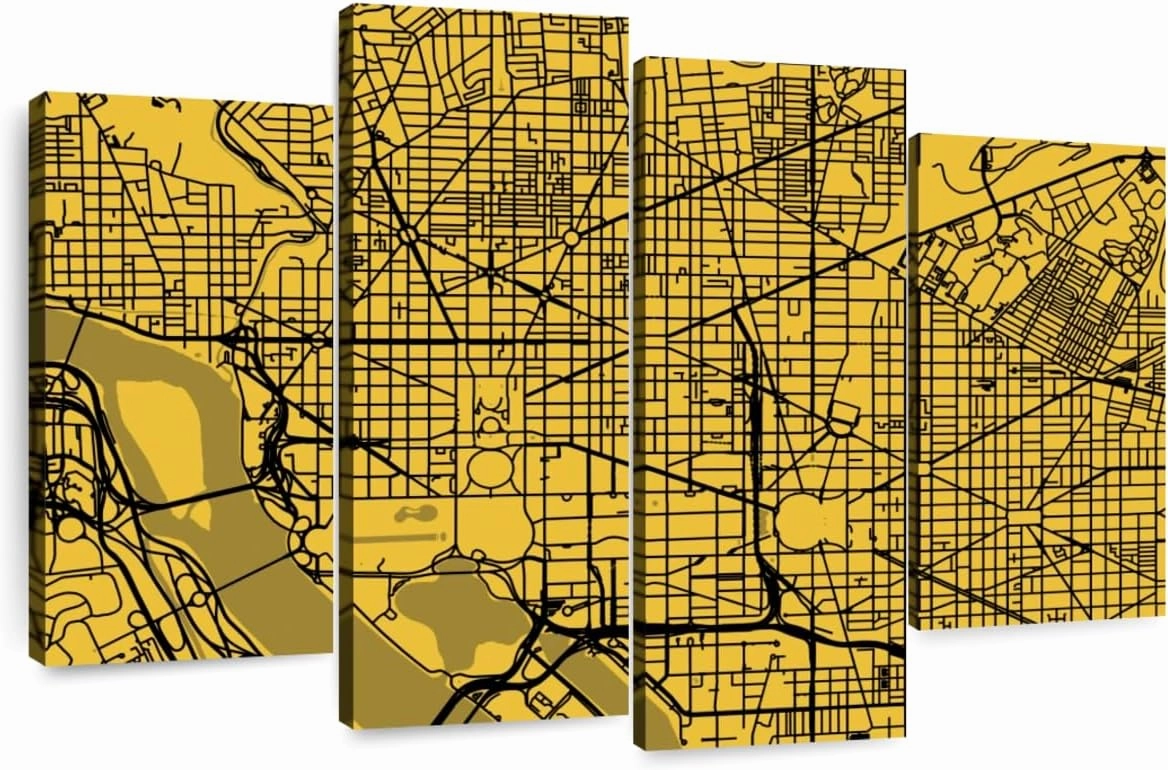 Elephant Stock - Washington Urban Roadway Map Wall Art - Horizontal Multi Panel Canvas - 4 Piece Living Room Wall Decor - Digital Art Urban Maps Multi Piece Wall Art - Yellow And Black Decor by Eugene Soloviev - 84" x 54"