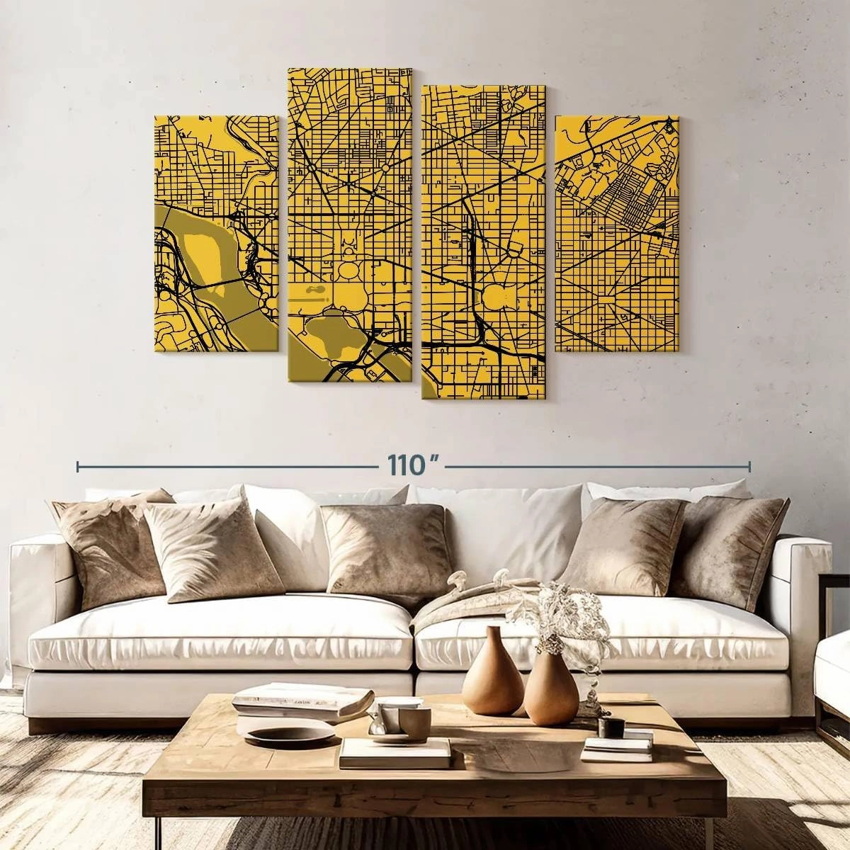 Elephant Stock - Washington Urban Roadway Map Wall Art - Horizontal Multi Panel Canvas - 4 Piece Living Room Wall Decor - Digital Art Urban Maps Multi Piece Wall Art - Yellow And Black Decor by Eugene Soloviev - 84" x 54"