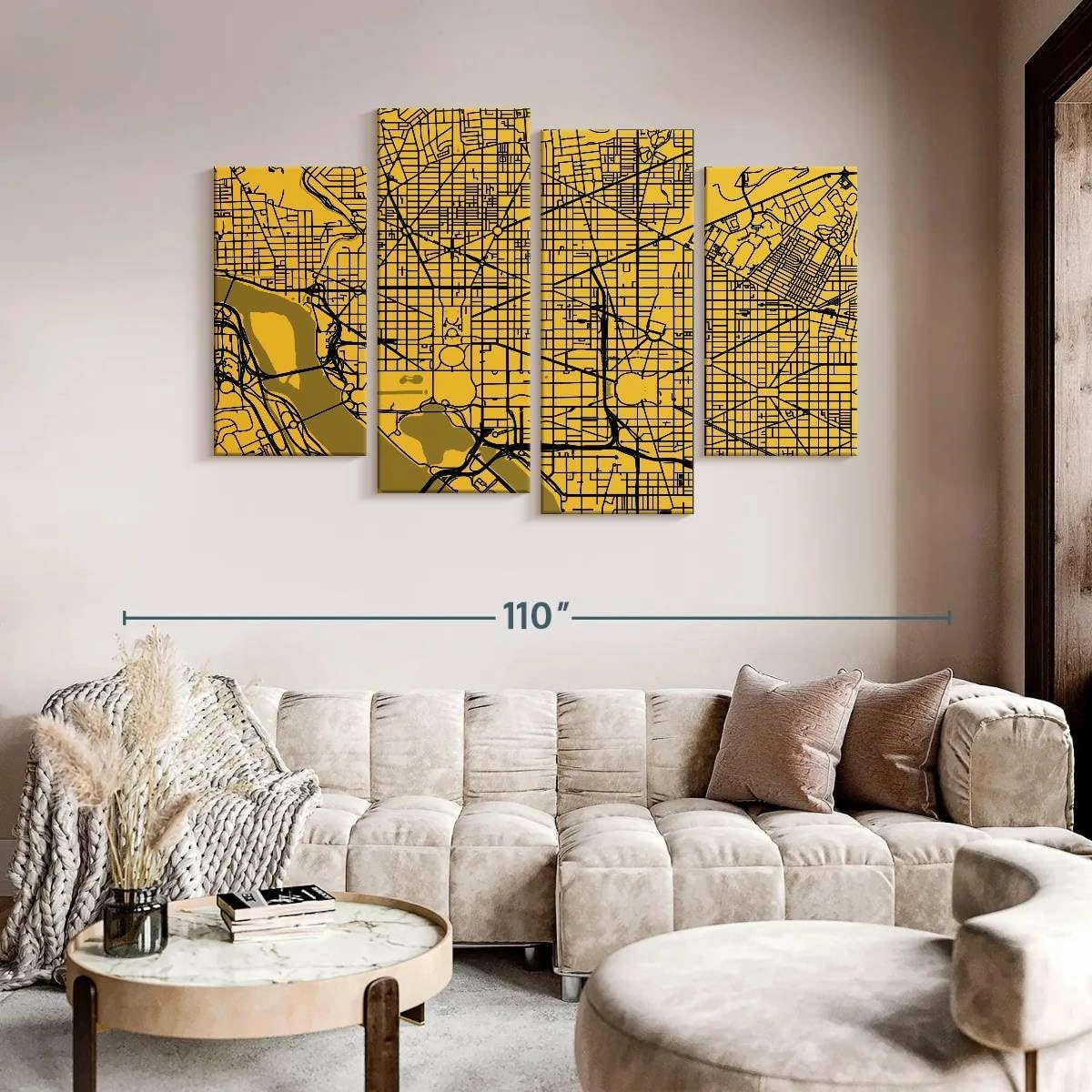 Elephant Stock - Washington Urban Roadway Map Wall Art - Horizontal Multi Panel Canvas - 4 Piece Living Room Wall Decor - Digital Art Urban Maps Multi Piece Wall Art - Yellow And Black Decor by Eugene Soloviev - 84" x 54"