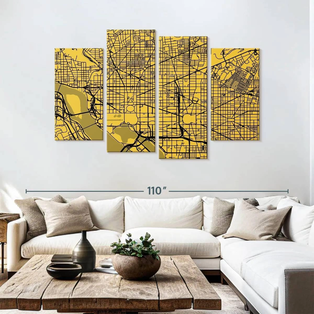 Elephant Stock - Washington Urban Roadway Map Wall Art - Horizontal Multi Panel Canvas - 4 Piece Living Room Wall Decor - Digital Art Urban Maps Multi Piece Wall Art - Yellow And Black Decor by Eugene Soloviev - 84" x 54"