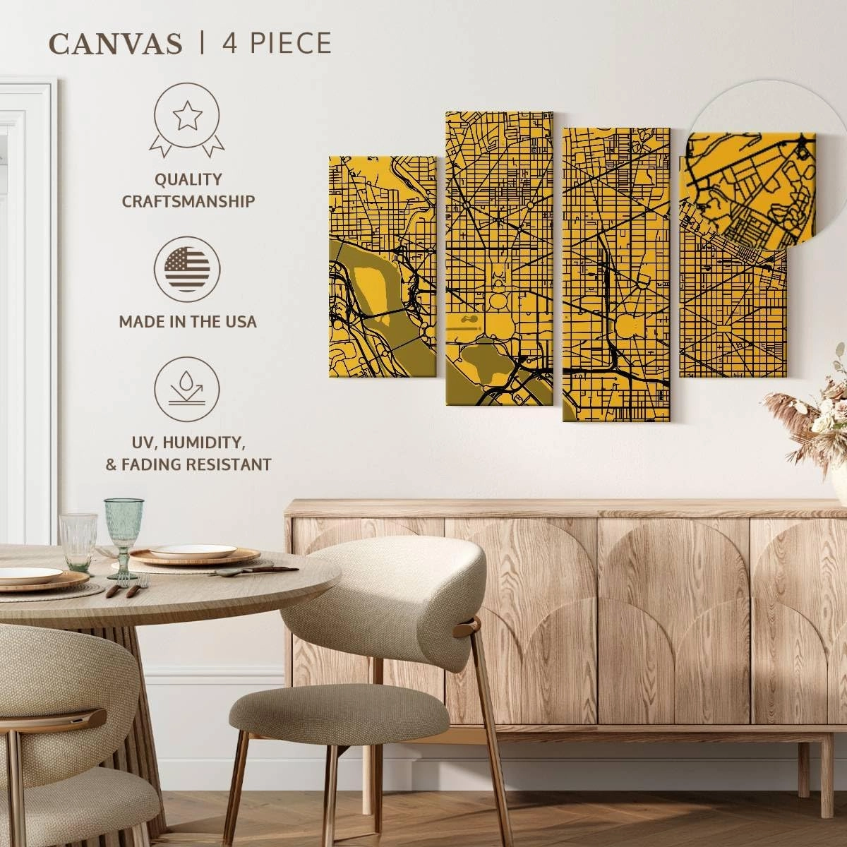 Elephant Stock - Washington Urban Roadway Map Wall Art - Horizontal Multi Panel Canvas - 4 Piece Living Room Wall Decor - Digital Art Urban Maps Multi Piece Wall Art - Yellow And Black Decor by Eugene Soloviev - 84" x 54"