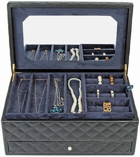 ES Leather Jewellery Organiser with Drawers Portable Jewellery Chest for Rings Earrings Necklaces Black Jewelry Box for Women