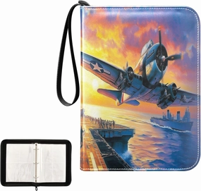 Fighter Plane Fly Aircraft Carrier Painting Card Binder 4 Pocket, Trading Card Holder Fits 400 Game Cards with 50 Removable Sleeves, MTG Card Case Standard Size