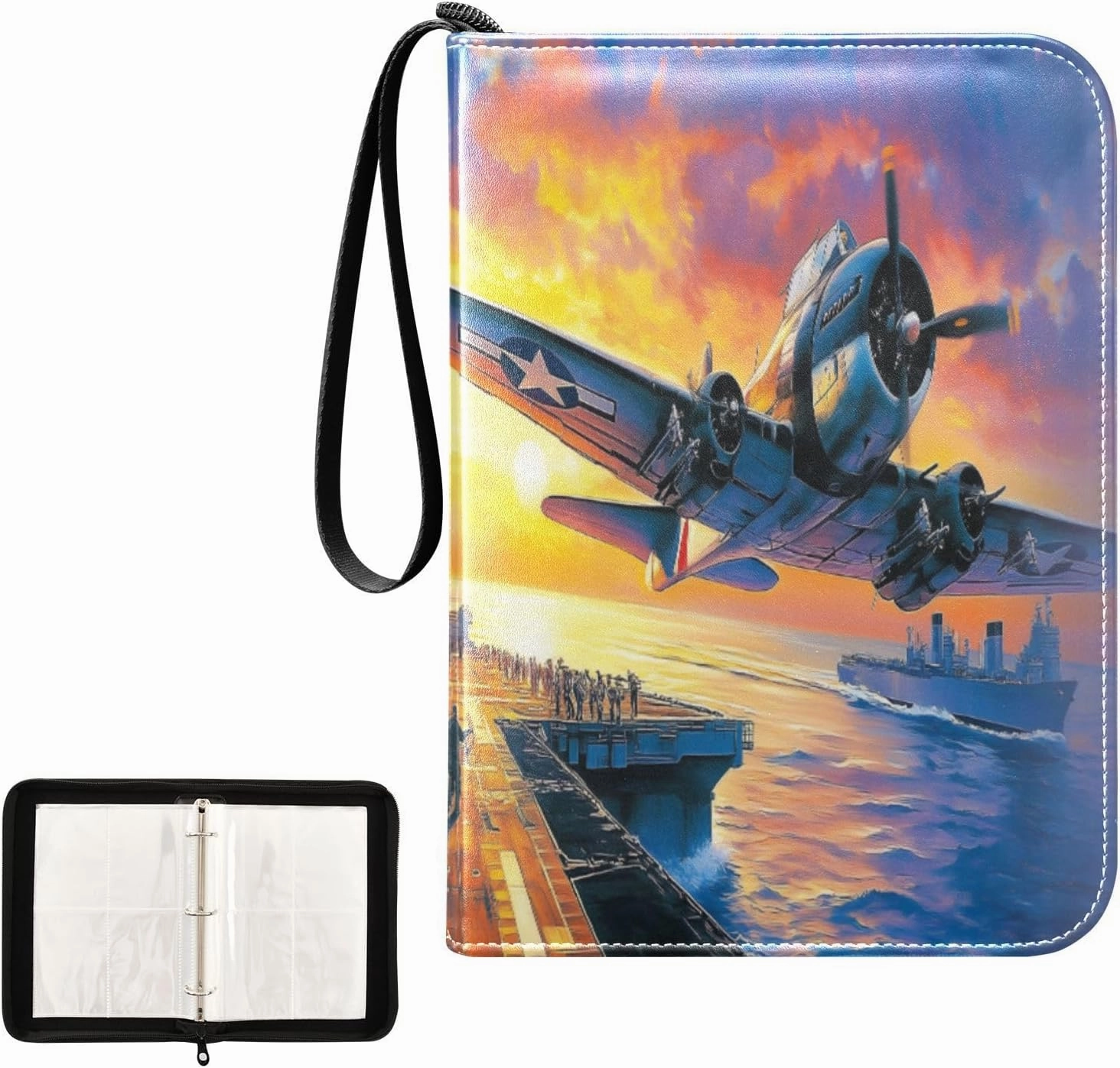 Fighter Plane Fly Aircraft Carrier Painting Card Binder 4 Pocket, Trading Card Holder Fits 400 Game Cards with 50 Removable Sleeves, MTG Card Case Standard Size