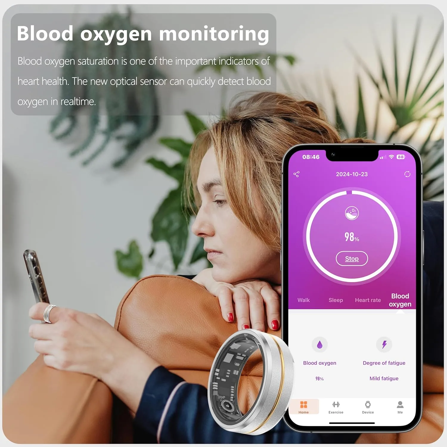Fitness Tracker Smart Ring for Women & Men,Step Counter,Heart Rate Blood Oxygen Sleep Tracker Health Ring, No App Subscription Smart Rings Compatible with Smart Phone (Silver with Middle Gold, 12)