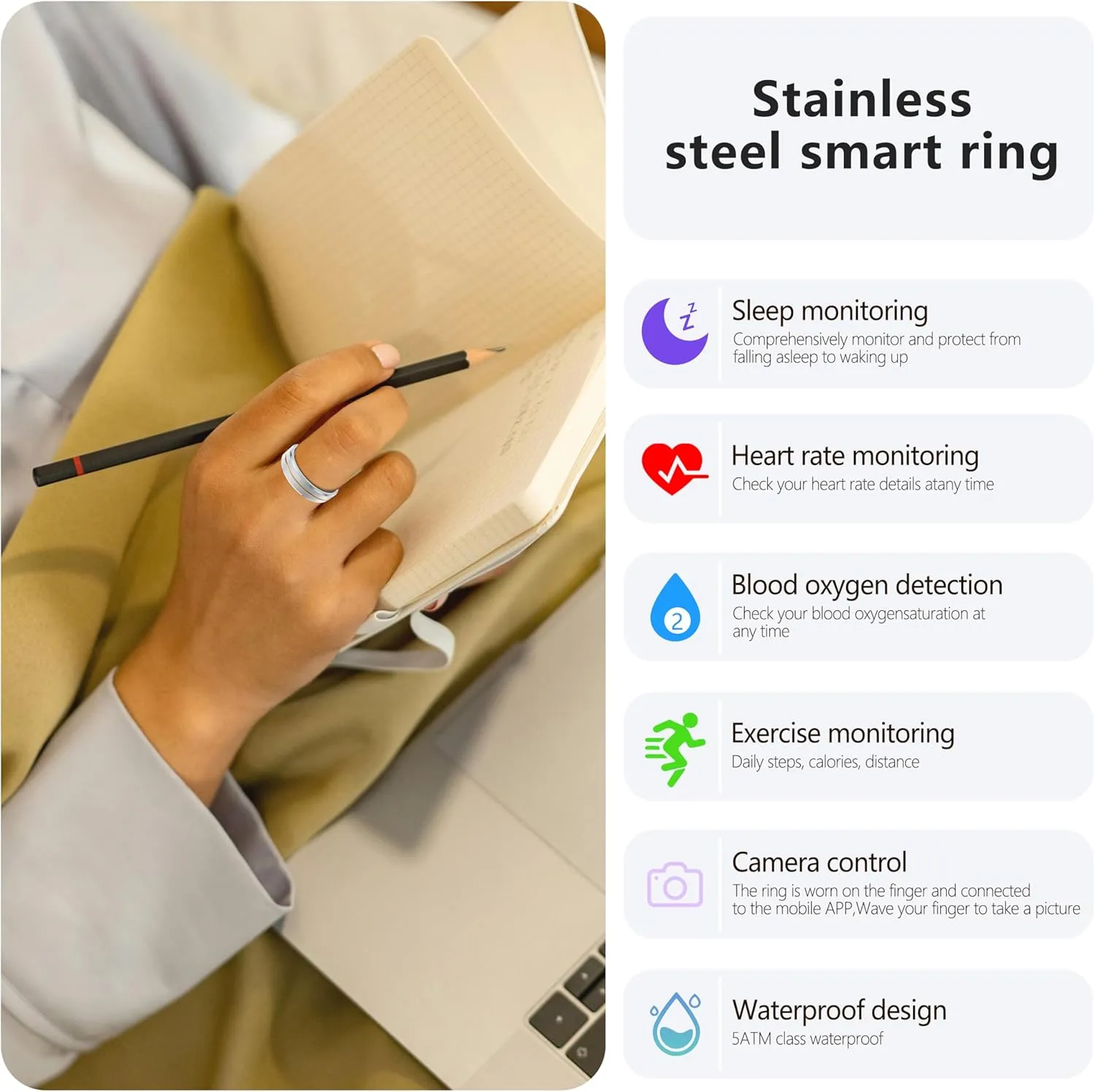Fitness Tracker Smart Ring for Women & Men,Step Counter,Heart Rate Blood Oxygen Sleep Tracker Health Ring, No App Subscription Smart Rings Compatible with Smart Phone (Silver with Middle Gold, 12)