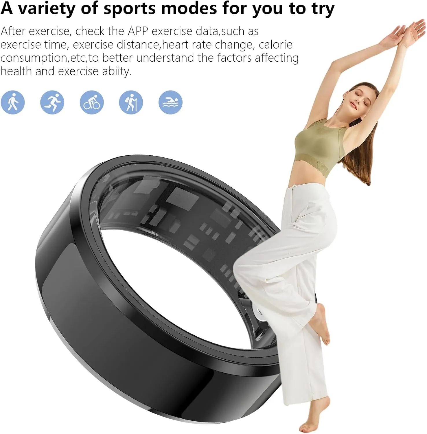 Fitness Tracker Smart Ring,Step Counter,Heart Rate Blood Oxygen Sleep Tracker Health Ring, 5ATM Waterproof Long Battery Life Smart Rings Compatible with iOS & Android (Black, US 11)