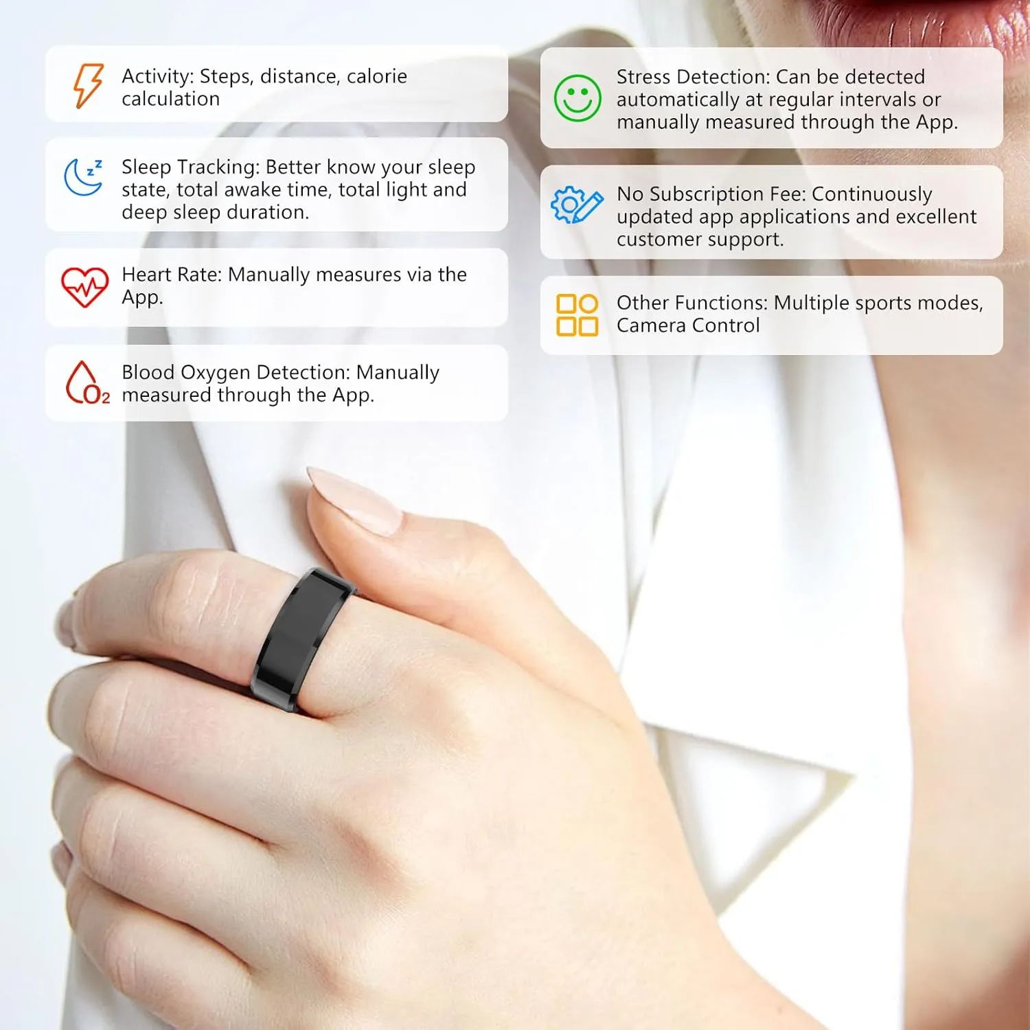 Fitness Tracker Smart Ring,Step Counter,Heart Rate Blood Oxygen Sleep Tracker Health Ring, 5ATM Waterproof Long Battery Life Smart Rings Compatible with iOS & Android (Black, US 11)