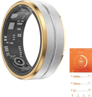 Fitness Tracker Smart Ring,Step Counter,Heart Rate Blood Oxygen Sleep Tracker Health Ring, 5ATM Waterproof Long Battery Life Smart Rings Compatible with iOS & Android (Silver with Side Gold, US 9)