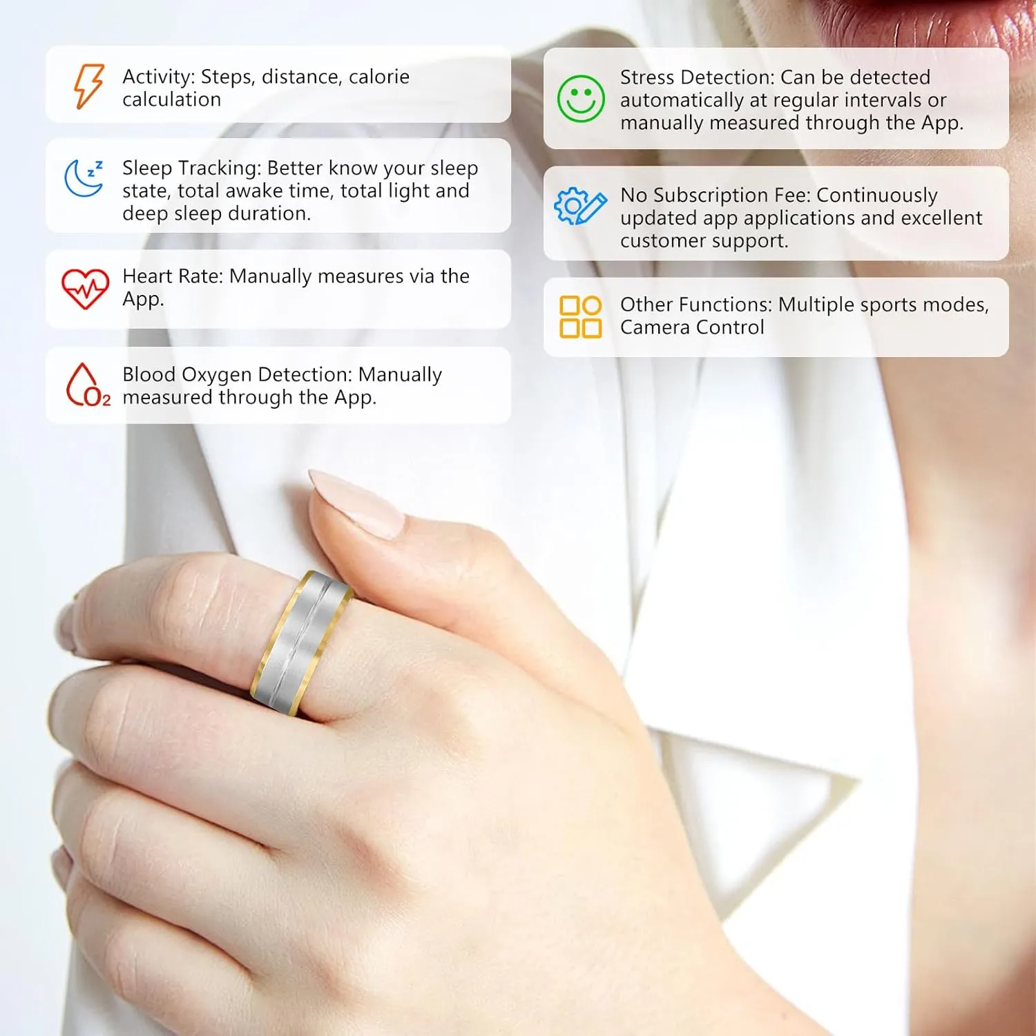 Fitness Tracker Smart Ring,Step Counter,Heart Rate Blood Oxygen Sleep Tracker Health Ring, 5ATM Waterproof Long Battery Life Smart Rings Compatible with iOS & Android (Silver with Side Gold, US 9)