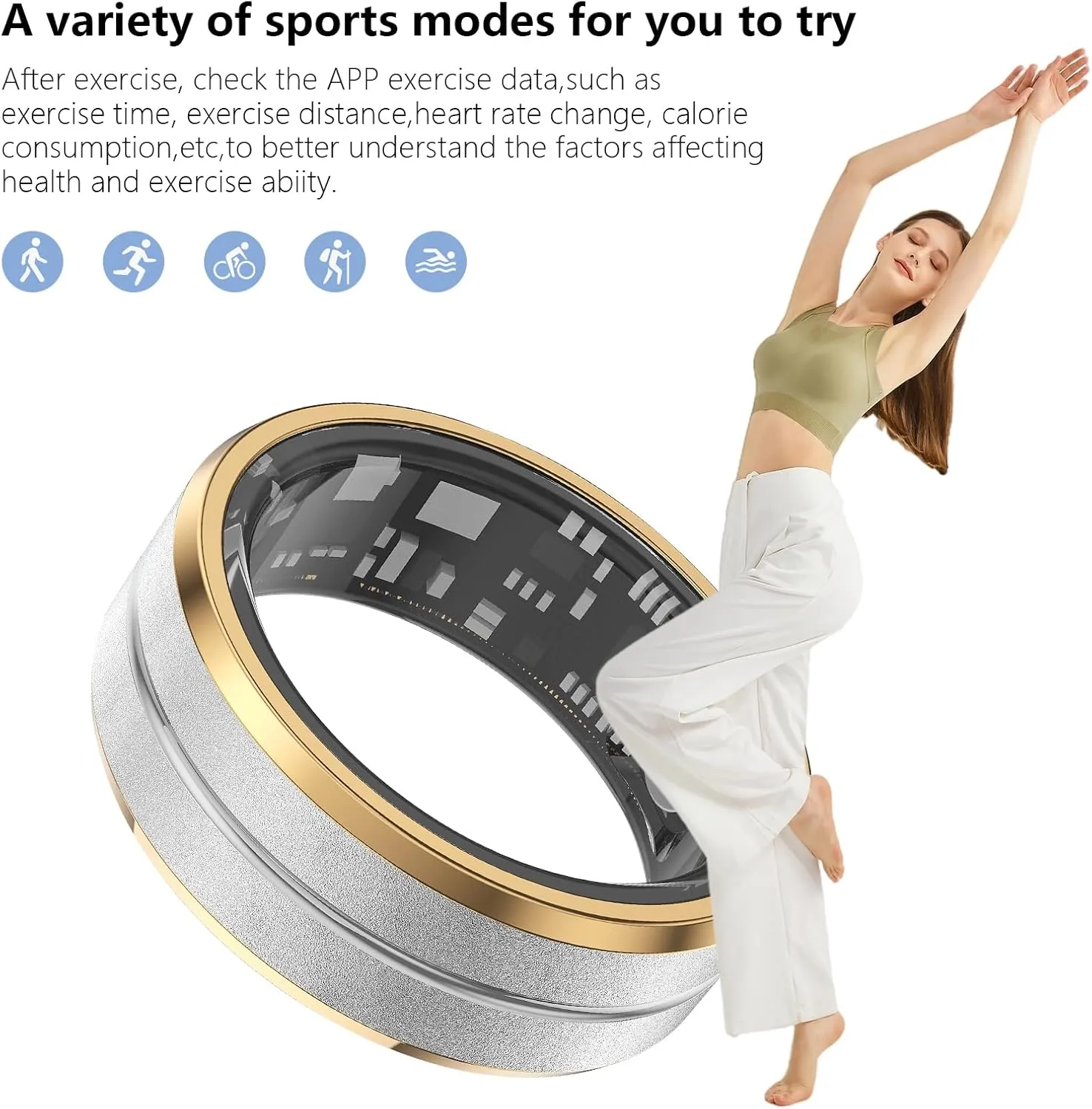 Fitness Tracker Smart Ring,Step Counter,Heart Rate Blood Oxygen Sleep Tracker Health Ring, 5ATM Waterproof Long Battery Life Smart Rings Compatible with iOS & Android (Silver with Side Gold, US 9)
