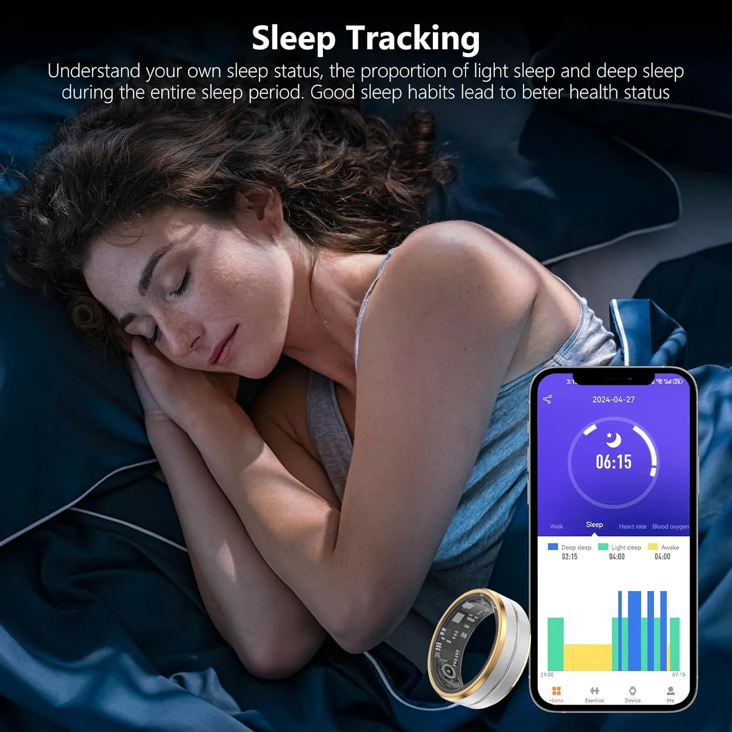Fitness Tracker Smart Ring,Step Counter,Heart Rate Blood Oxygen Sleep Tracker Health Ring, 5ATM Waterproof Long Battery Life Smart Rings Compatible with iOS & Android (Silver with Side Gold, US 9)
