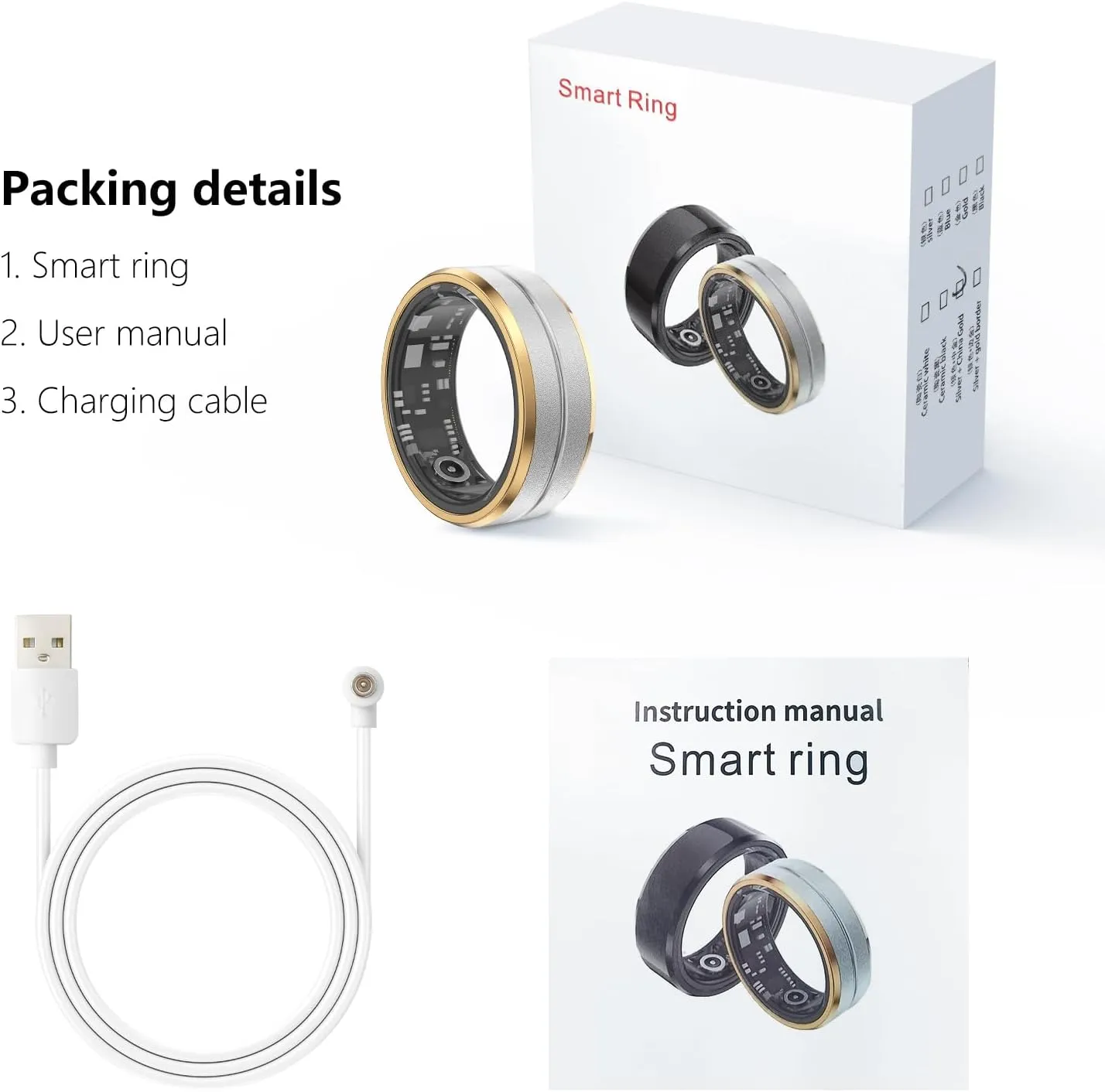 Fitness Tracker Smart Ring,Step Counter,Heart Rate Blood Oxygen Sleep Tracker Health Ring, 5ATM Waterproof Long Battery Life Smart Rings Compatible with iOS & Android (Silver with Side Gold, US 9)
