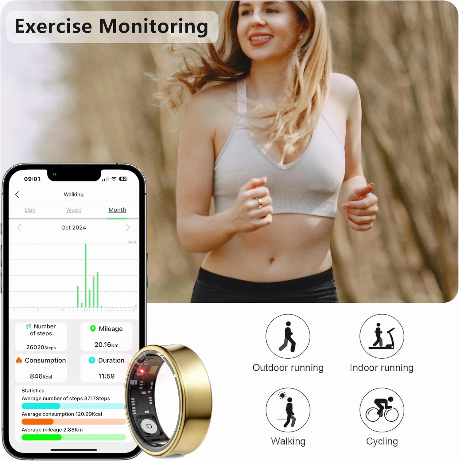 Fitness Tracker Smart Ring for Women & Men,Step Counter,Heart Rate Monitor Blood Oxygen Sleep Tracker, 5-7 Days Battery Life, Compatible with iOS & Android (Gold, 11)