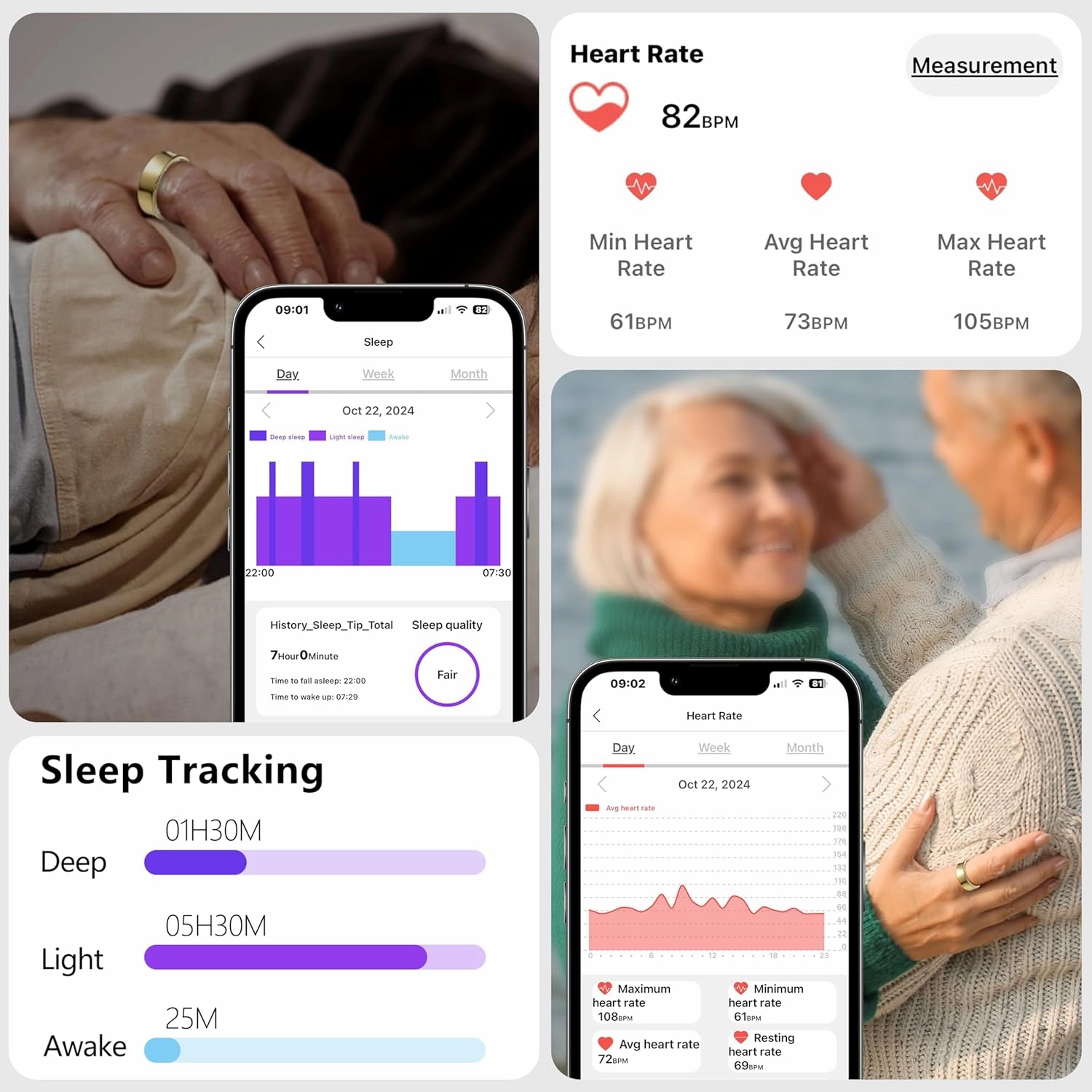 Fitness Tracker Smart Ring for Women & Men,Step Counter,Heart Rate Monitor Blood Oxygen Sleep Tracker, 5-7 Days Battery Life, Compatible with iOS & Android (Gold, 11)