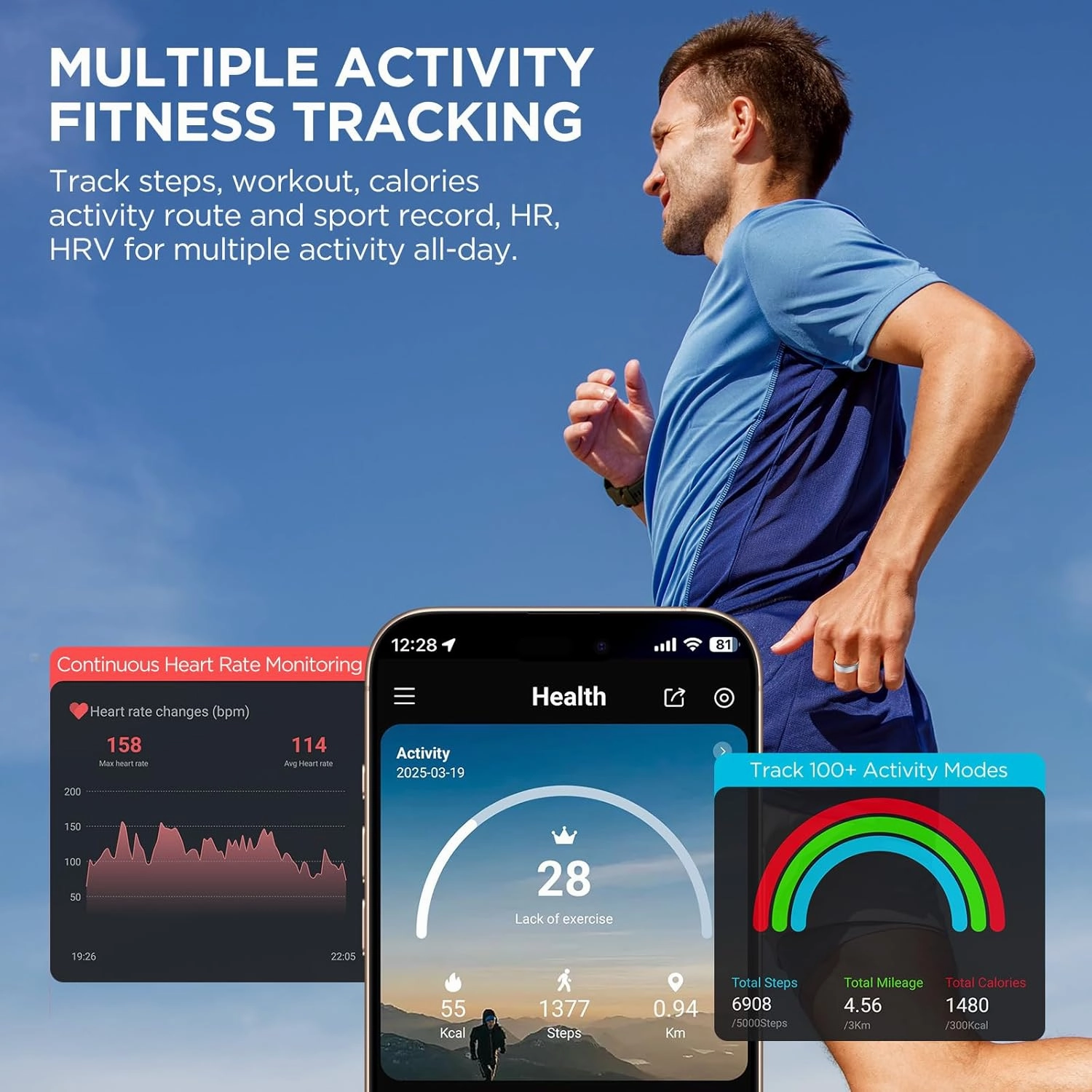 Fitness Tracker, Smart Ring for Women Men, Fitness Ring with Sleep Tracker, 24/7 Heart Rate Monitor, Health Activity Trackers, Step Counter,Calorie Pedometer,No Subscription,for iOS Android(Black,#9)