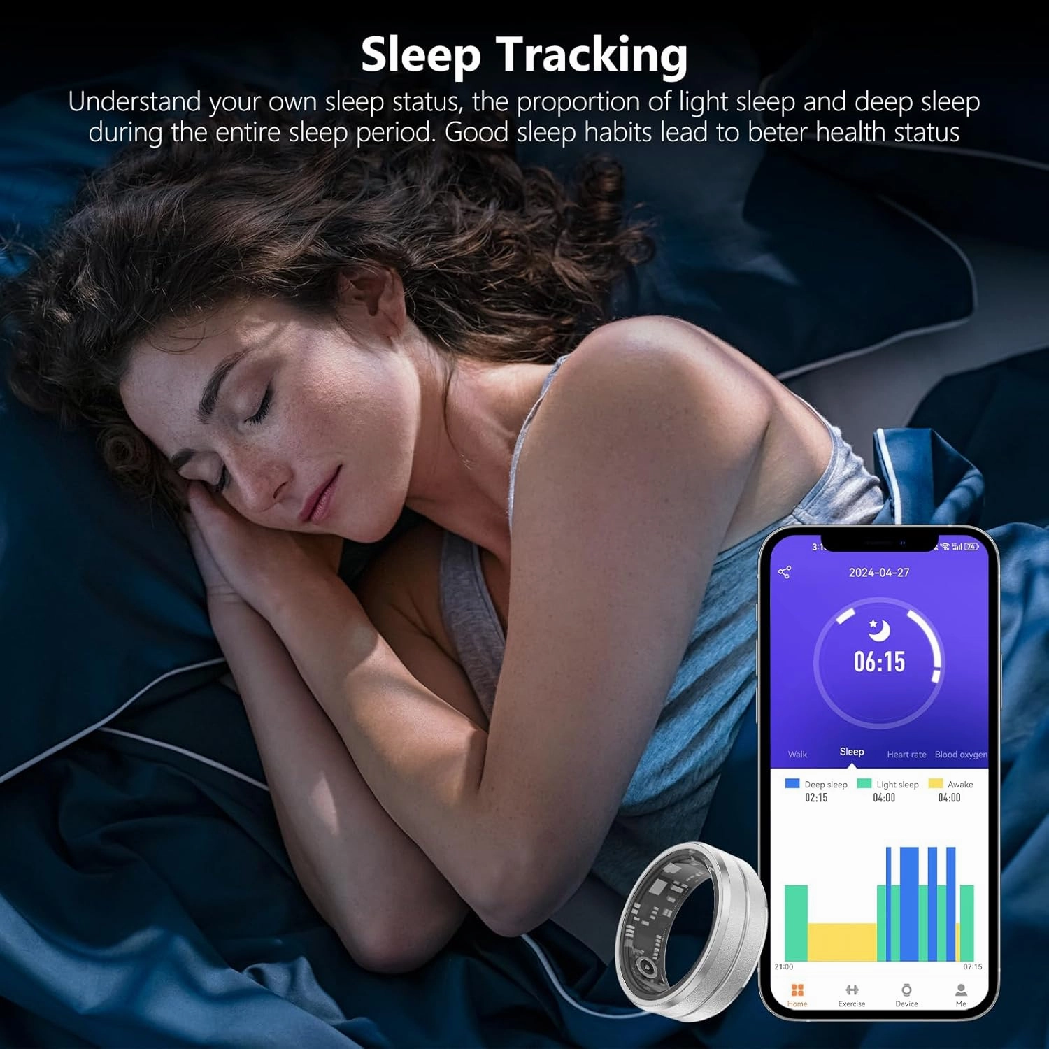 Fitness Tracker Smart Ring, Step Counter for Walking, Heart Rate Blood Oxygen Calorie Sleep Tracker Health Ring, IP68 Waterproof Design, Stainless Steel, 5-7 Days Battery Life, (Silver, US7)