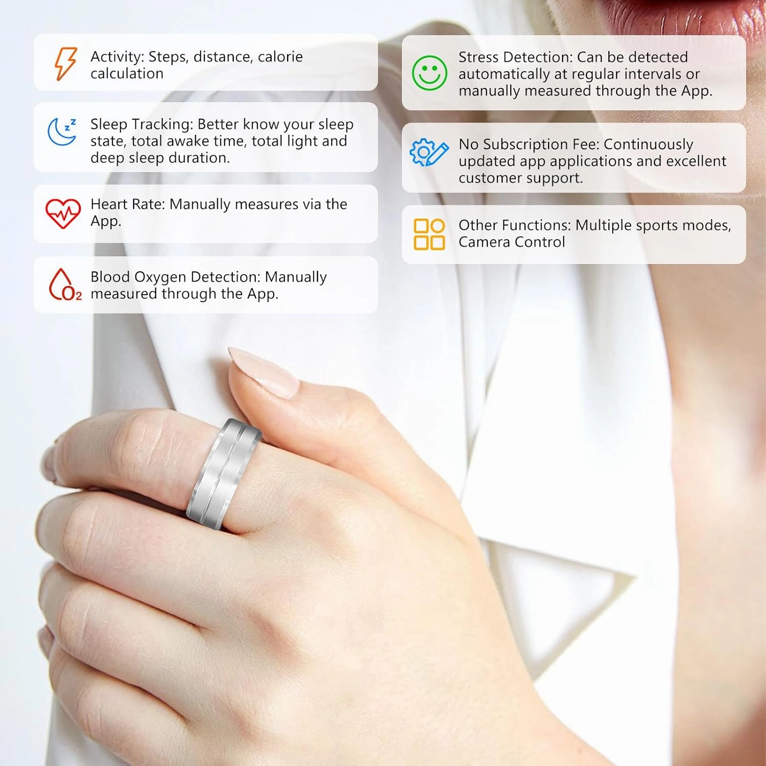 Fitness Tracker Smart Ring, Step Counter for Walking, Heart Rate Blood Oxygen Calorie Sleep Tracker Health Ring, IP68 Waterproof Design, Stainless Steel, 5-7 Days Battery Life, (Silver, US7)