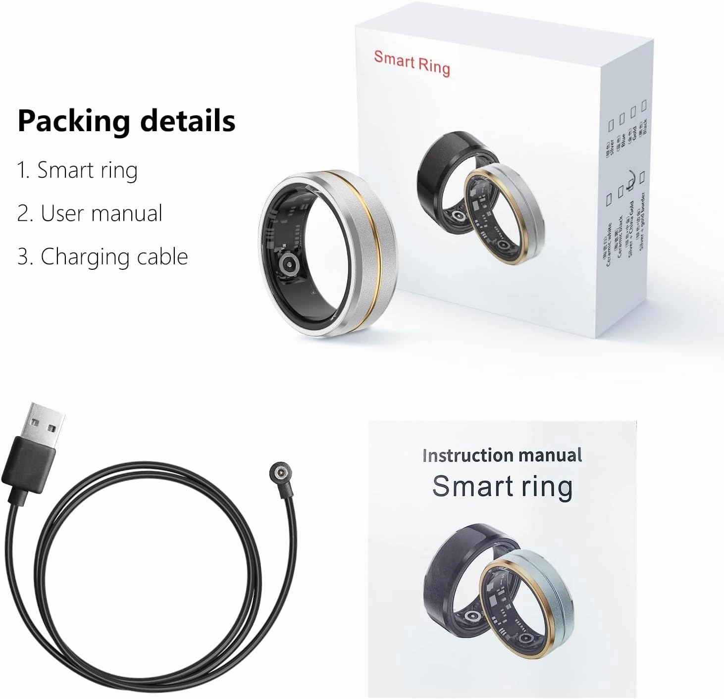 Fitness Tracker Smart Ring, Step Counter for Walking, Heart Rate Blood Oxygen Calorie Sleep Tracker Health Ring, IP68 Waterproof, Stainless Steel, 5-7 Days Battery Life (Silver   Middle Gold, US7)