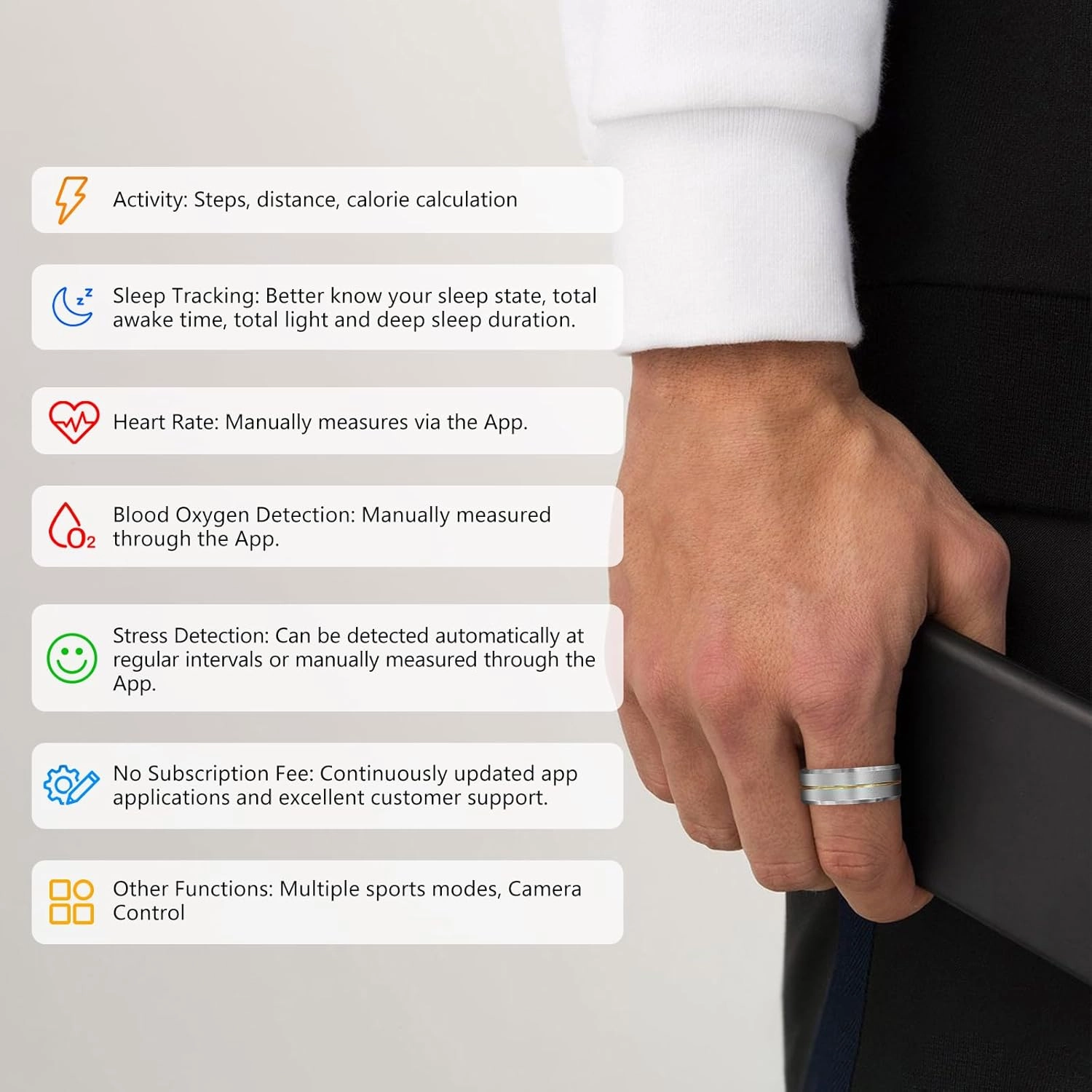 Fitness Tracker Smart Ring, Step Counter for Walking, Heart Rate Blood Oxygen Calorie Sleep Tracker Health Ring, IP68 Waterproof, Stainless Steel, 5-7 Days Battery Life (Silver   Middle Gold, US7)