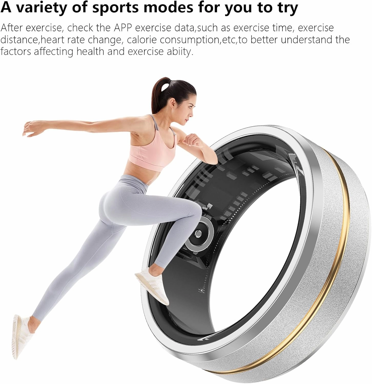 Fitness Tracker Smart Ring, Step Counter for Walking, Heart Rate Blood Oxygen Calorie Sleep Tracker Health Ring, IP68 Waterproof, Stainless Steel, 5-7 Days Battery Life (Silver   Middle Gold, US7)