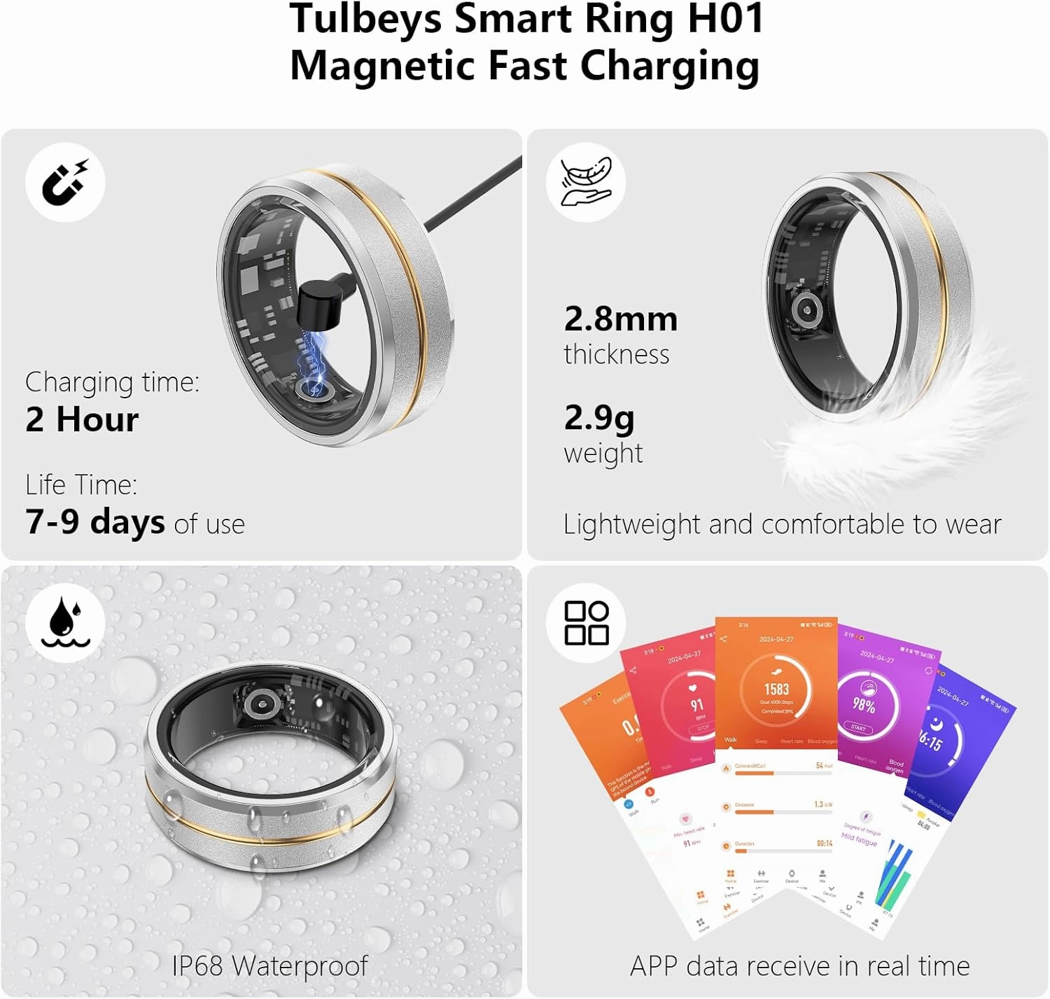 Fitness Tracker Smart Ring, Step Counter for Walking, Heart Rate Blood Oxygen Calorie Sleep Tracker Health Ring, IP68 Waterproof, Stainless Steel, 5-7 Days Battery Life (Silver   Middle Gold, US7)