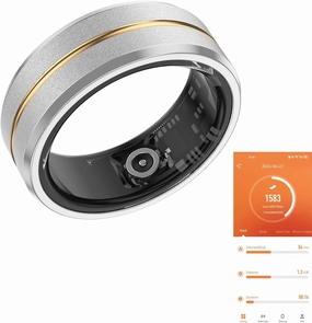 Fitness Tracker Smart Ring, Step Counter for Walking, Heart Rate Blood Oxygen Calorie Sleep Tracker Health Ring, IP68 Waterproof, Stainless Steel, 5-7 Days Battery Life (Silver   Middle Gold, US7)