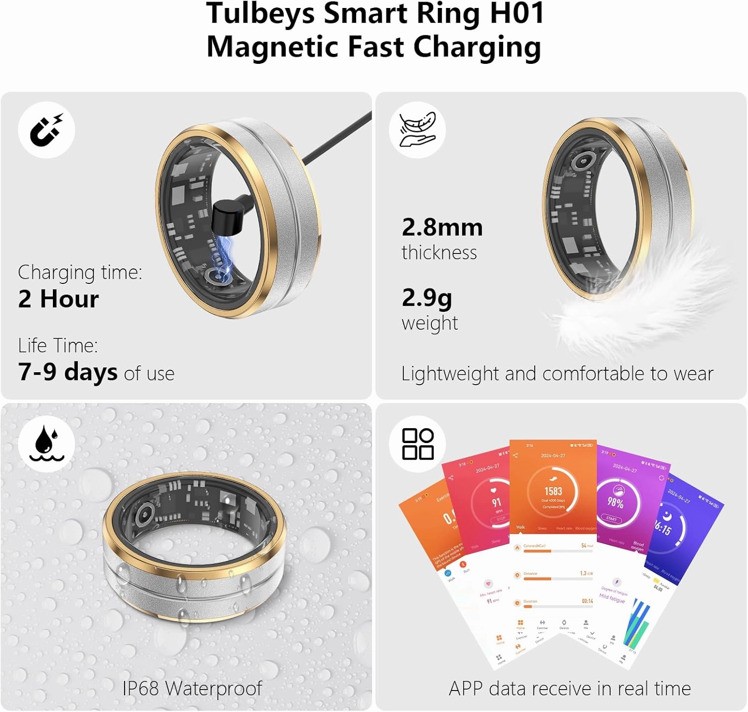 Fitness Tracker Smart Ring, Step Counter for Walking, Heart Rate Blood Oxygen Calorie Sleep Tracker Health Ring, Waterproof Design, Stainless Steel, 5-7 Days Battery Life (Silver   Side Gold, US9)