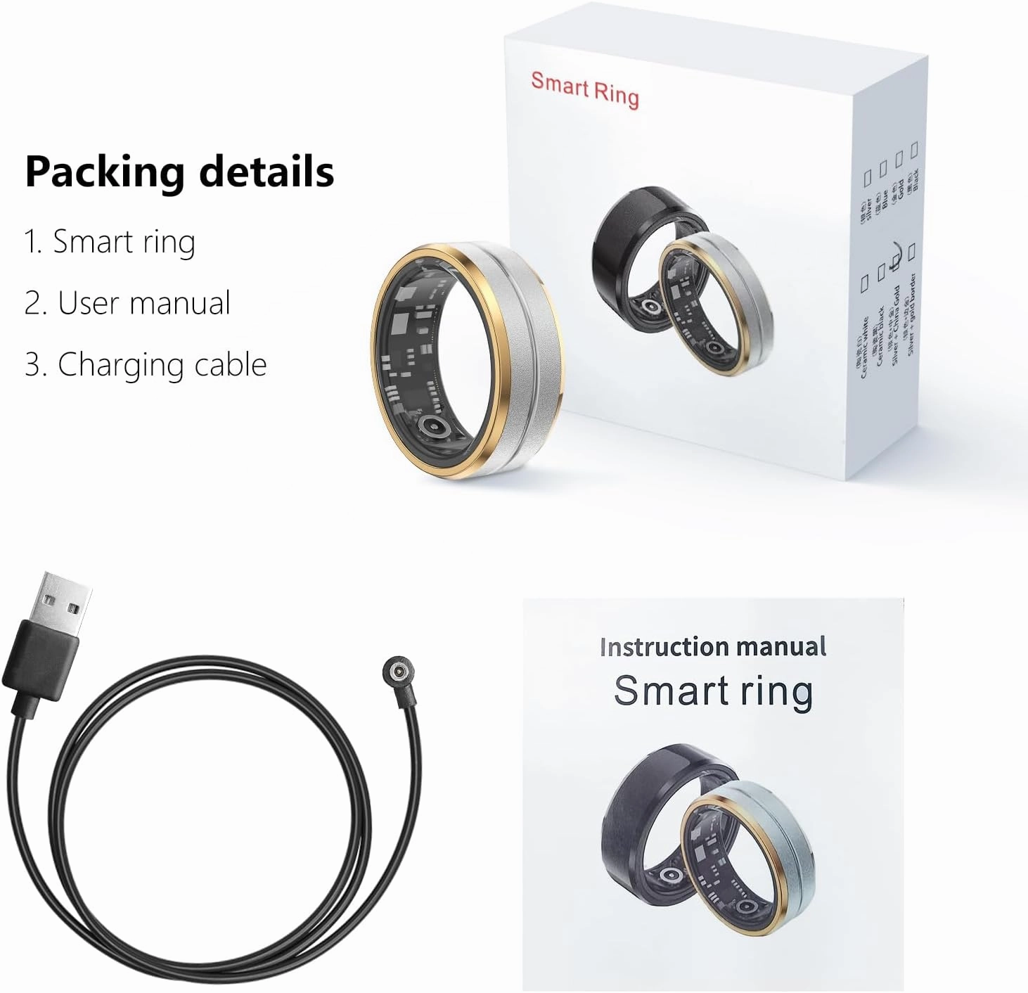 Fitness Tracker Smart Ring, Step Counter for Walking, Heart Rate Blood Oxygen Calorie Sleep Tracker Health Ring, Waterproof Design, Stainless Steel, 5-7 Days Battery Life (Silver   Side Gold, US9)