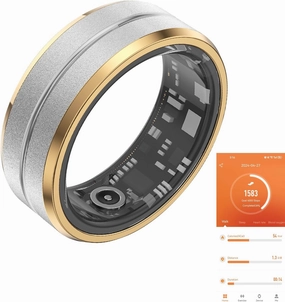 Fitness Tracker Smart Ring, Step Counter for Walking, Heart Rate Blood Oxygen Calorie Sleep Tracker Health Ring, Waterproof Design, Stainless Steel, 5-7 Days Battery Life (Silver   Side Gold, US9)