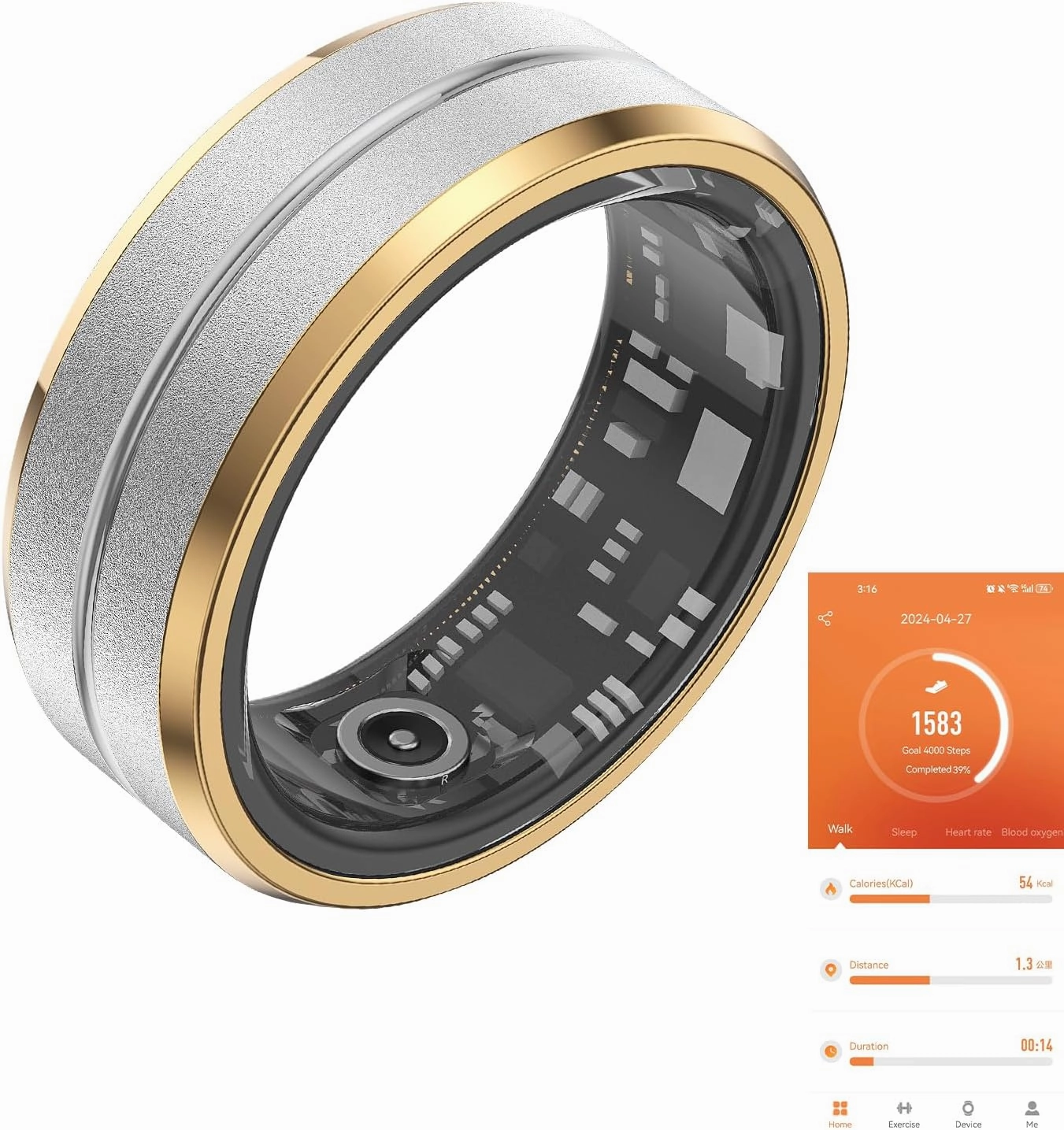 Fitness Tracker Smart Ring, Step Counter for Walking, Heart Rate Blood Oxygen Calorie Sleep Tracker Health Ring, Waterproof Design, Stainless Steel, 5-7 Days Battery Life (Silver   Side Gold, US9)