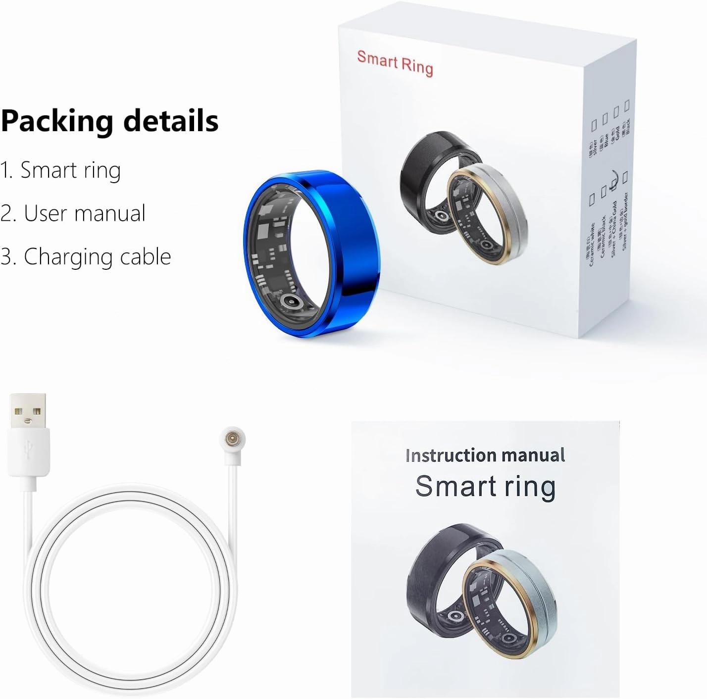 Fitness Tracker Smart Ring,Step Counter,Heart Rate Blood Oxygen Sleep Tracker Health Ring, 6ATM Waterproof Long Battery Life Smart Rings Compatible with iOS & Android （Blue US11）