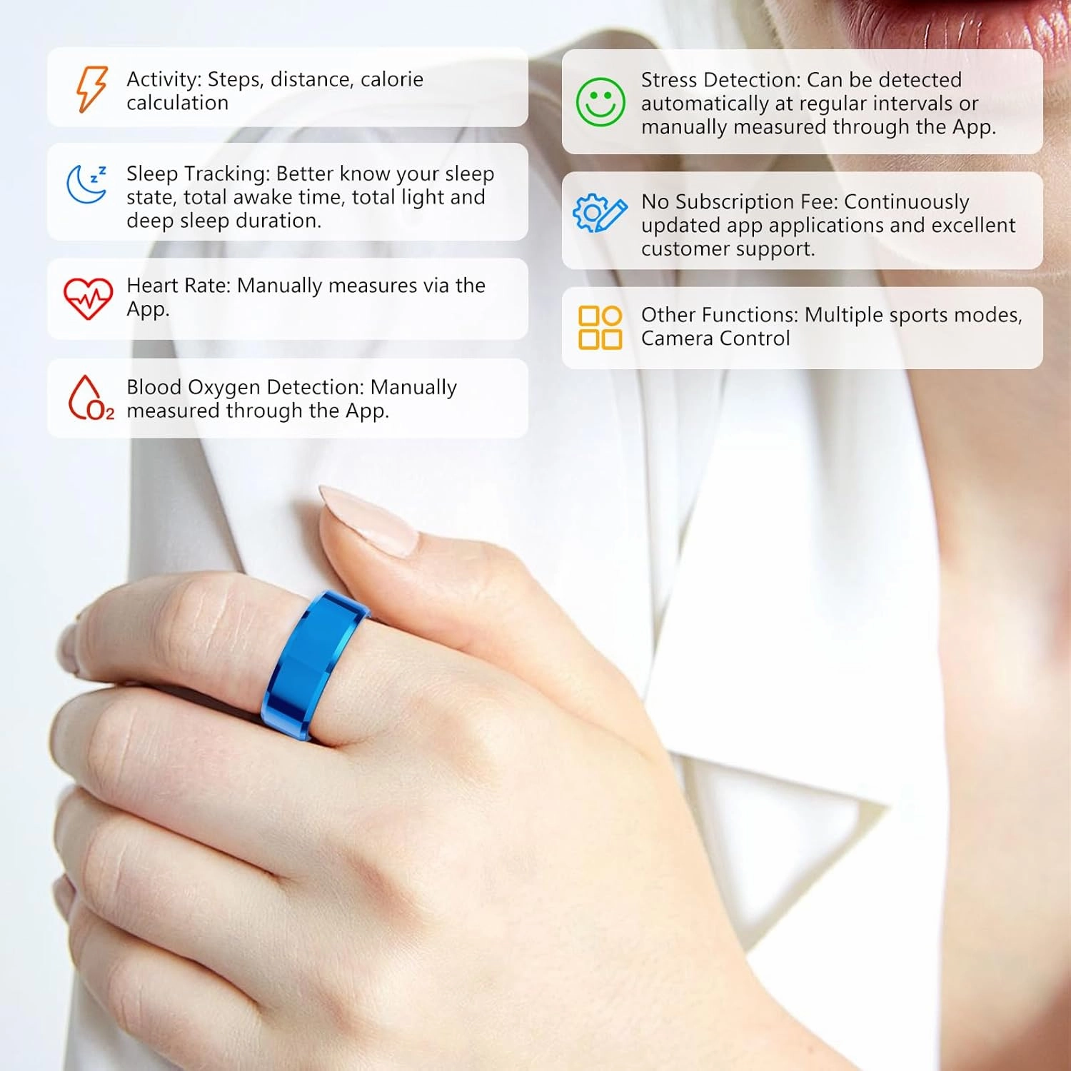 Fitness Tracker Smart Ring,Step Counter,Heart Rate Blood Oxygen Sleep Tracker Health Ring, 6ATM Waterproof Long Battery Life Smart Rings Compatible with iOS & Android （Blue US11）